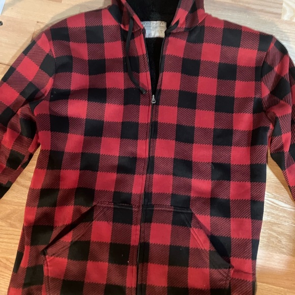 Mens large red and black plaid wool hoody. - Picture 2 of 3